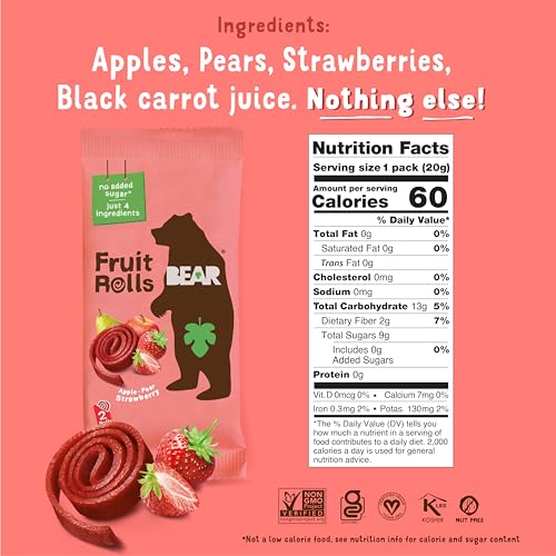 BEAR Real Fruit Snack Rolls - Gluten Free, Vegan, and Non-GMO - Strawberry - Healthy Snacks for Kids and Adults - School