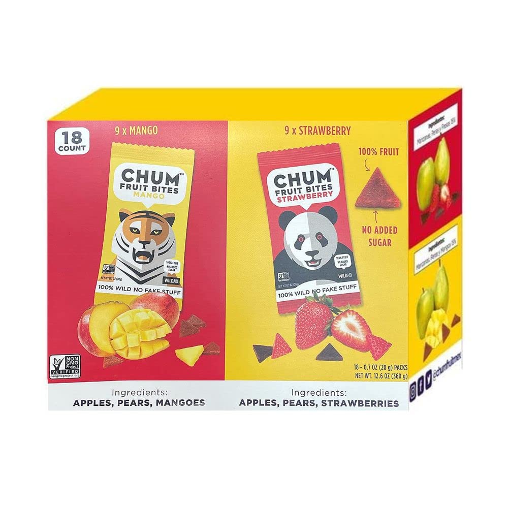 CHUM Strawberry Mango Fruit Bites 100% Natural Healthy Snack Vegan Gluten Free High Fiber Kosher Paleo 18 Count
CHUM Fru