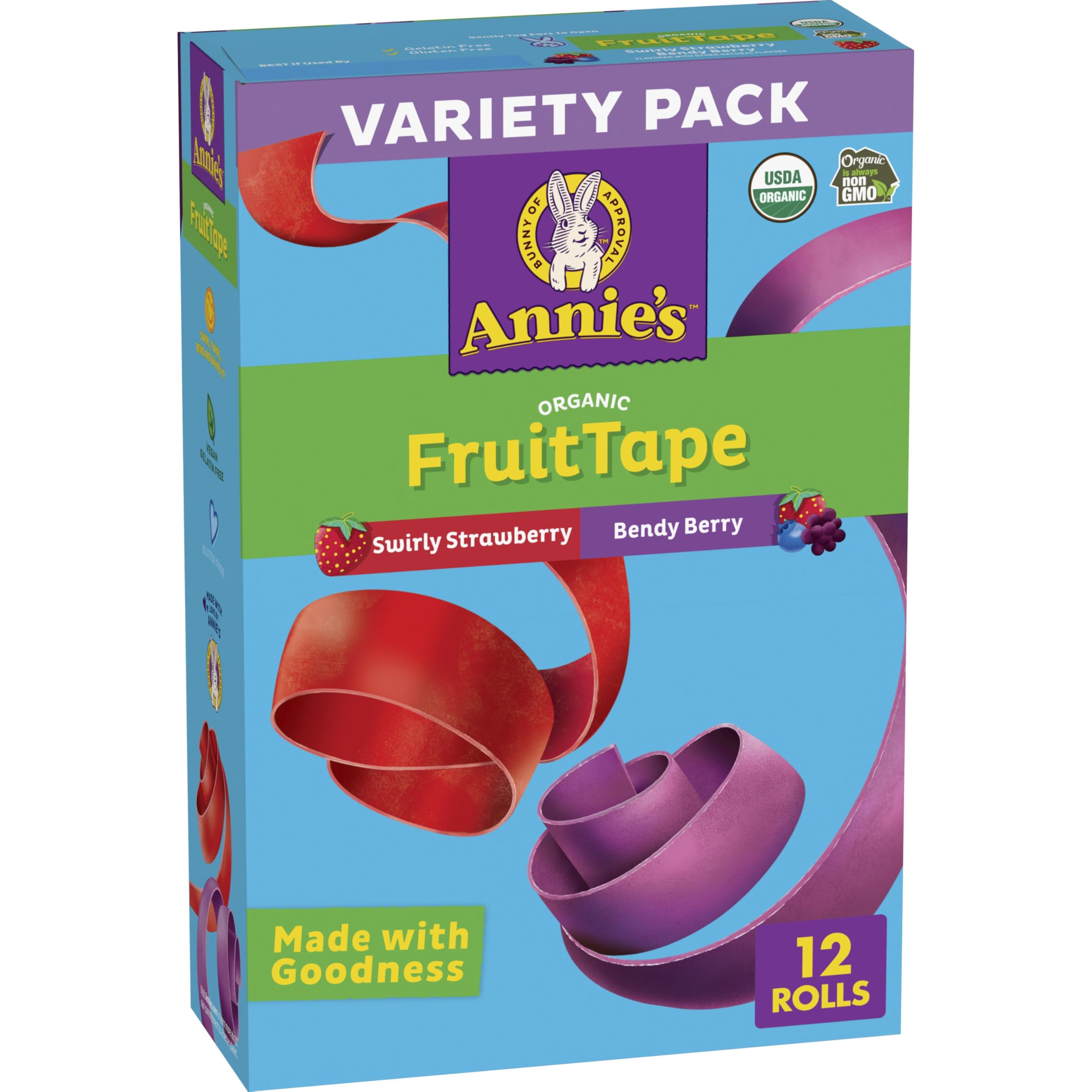 Annie's Organic Fruit Tape Swirly Strawberry and Bendy Berry Gluten Free 12 Rolls 9 oz USDA Organic for Snacking at Home