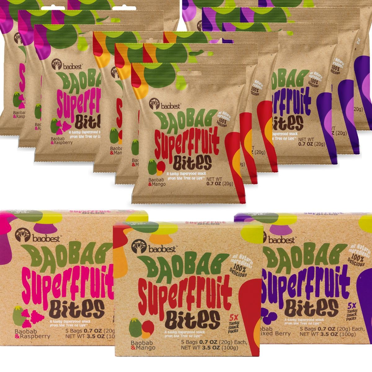 Baobest Superfruit Bites - Vegan, Gluten Free, High in Vitamin C - Berry, Mango, and Raspberry Variety Pack - 15 Serving